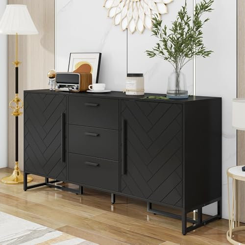Élégant buffet noir à chevrons avec 2 portes et 3 tiroirs pour salle à manger, cuisine et salon 145 x 40 x 75 cm (l x P x H)