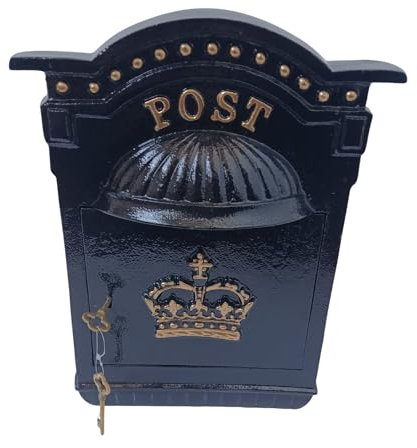 Cast Iron Metal Wall Mounted Post Box With Gold Crown Crown Detail In Black