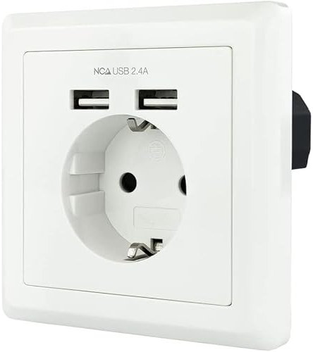 Prise murale Schuko avec 2 ports USB (2,4 A) pour une charge rapide. Design blanc élégant, parfait pour n'importe quel environnement. Idéal pour une utilisation à la maison ou au bureau, maximise