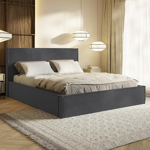 MOTIVENA Boho Bett 140x200 Grau Samt, mit Stauraum, mit Kopfteil, mit Lattenrost, ohne Füße, ohne Matratze, Polsterbett 140x200 mit Bettkasten Grau (Anthrazit)