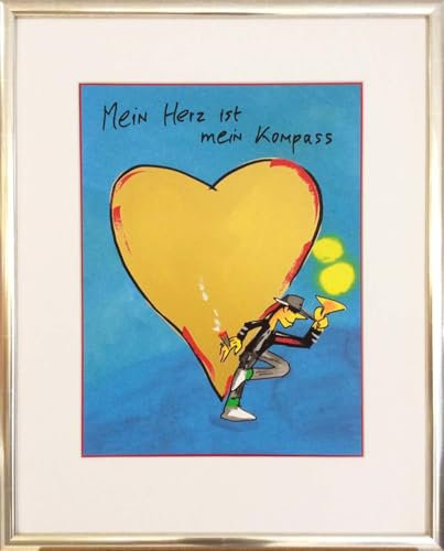 Kunstverlag Christoph Falk Mein Herz ist mein Kompass (Edition 2024) - Udo Lindenberg Bild - handsignierte Auflage original Grafik im silberfarbenem Rahmen hinter Museumsglas. Likörell. Siebdruck.