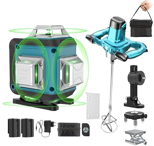 Kit 2 in 1 Livella laser 16 Linee 4D Raggio Verde a 360° Autolivellante con Telecomando + Trapano impastatore Miscelatore 1600W con Regolazione di Velocità per Colla e Malta