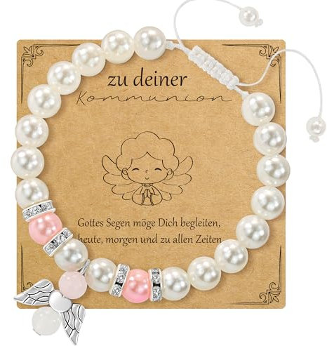 RMMD Kommunion Geschenke für Mädchen, Armband Kommunion Mädchen, Kommuniongeschenke Schutzengel Armband mit Perle, Erstkommunion Geschenke, Kommunions Schmuck Armbands mit Karte Tasche