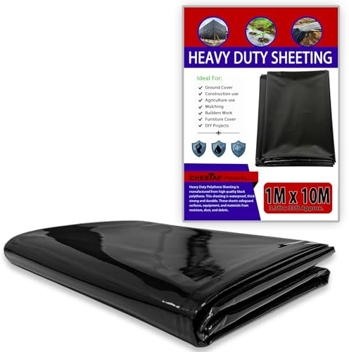 CHESTAF 1M X 10M Black Plastic Sheeting Heavy Duty, 920G Thick Polythene Sheeting Garden Grow, Dust Sheet Waterproof Outdoor Cover, Large Construction Gardening Insulation, Building Rubble Protection
