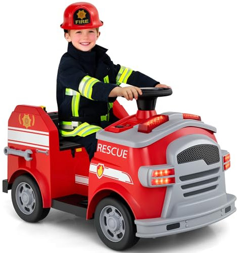 GOPLUS Camion Pompier Enfants 12V, Voiture Electrique Enfant avec Pelle, Extincteur, Échelle, Casque de Protection, Gyrophare, Musique, pour 3-5 Ans, Charge 25KG (Rouge)