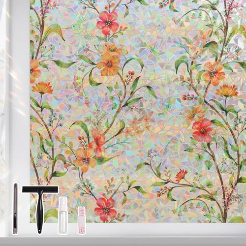 NINETREX Fensterfolie Bunt, Regenbogen Sichtschutzfolie Fenster Folie Blickschutz, Fensterfolie Blickdicht Selbsthaftend Badezimmer, UV-Schutz Blume Muster Window Film (44.5x200cm)
