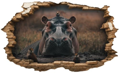 Samunshi® Wanddeko Wandriss mit Nilpferd mit Vögeln Deko für Tier Fans Fenster in andere Welt Wallart Wandtattoo für Wohnzimmer Wandaufkleber Wandsticker 70x42cm