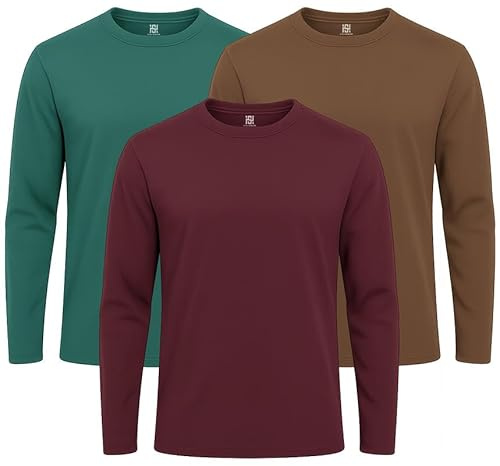 Style Horizon 3 Pack Mens Long Sleeve Crewneck Tshirts, 100% Cotton Casual Round Neck Full Sleeved Tops