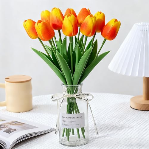 Probuk 10 Stück Orangene Künstliche Tulpen - Strauß der Wärme, Energie und Freude, Kunstblumen Deko für Tisch, Büro, Hochzeit, Party & Hotelfenster