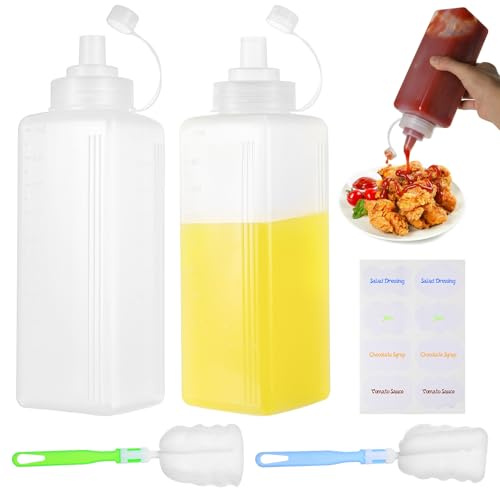 IYEREER 2 Botellas exprimibles de 1000 ml de plástico para cocina | Incluyen dos pinceles y una pegatina, aptas para ketchup, aceite, salsas y trabajos de pintura manual.