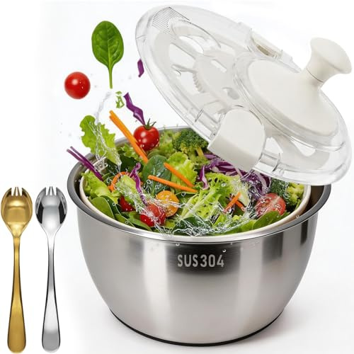 ANVINKU Salad Spinner Large, Stainless Steel Lettuce Spinner with Drain | Salad Spinners with Non-Slip Base, Vegetable Dryer, BPA Free (5L)