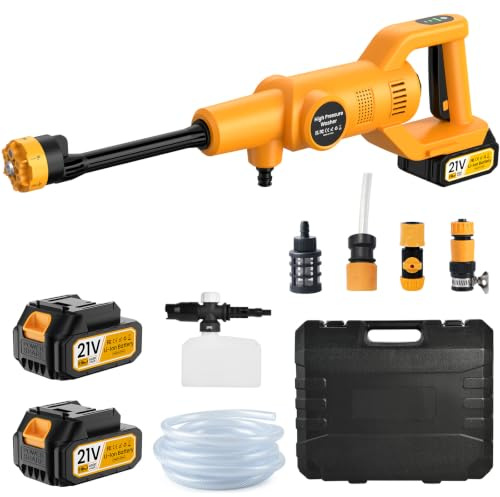 Hidrolimpiadora de Alta Presión 85 Bar, 680 L/H, 5 Boquillas, 5m Manguera | Motor Sin Escobillas, 2 Baterías de 21V 4000Mah, Cañón de Espuma, 2 Modos, Bloqueo de Seguridad, para Limpiar Coches, Patios