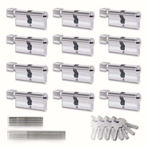 Juego de 12 Cilindros para Cerradura 30/30 mm, Cilindro con Pomo, Tornillos y Llaves Incluidos, Fácil Instalación, para Puertas y Garajes, Antitaladro, Misma Llave, Longitud 60 mm