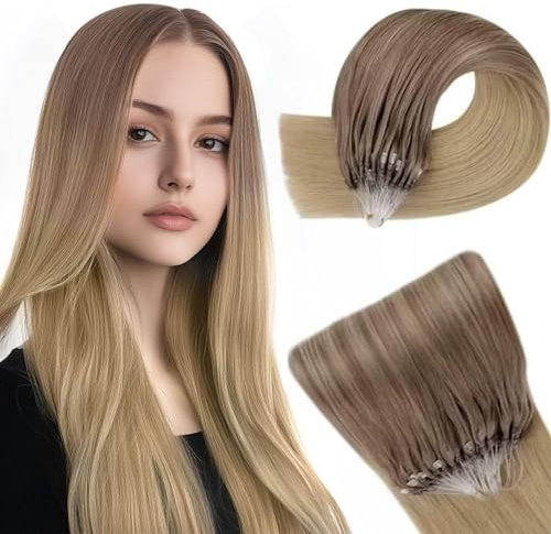 Easyouth Balayage Microring Extensions Echthaar Braun Micro Ring Extensions Goldbraune Mischung mit Dunkelblond Microring Haarverlängerung Remy Echthaar Cold Fusion 14 Zoll 50g #10/14