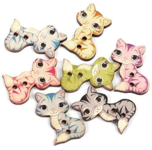 50 Stück Holzknöpfe Katze 20 x 27 mm, 2 Löcher Knöpfe zum nähne annähen basteln Bastelknöpfe Knöpfe für Kinderkleidung