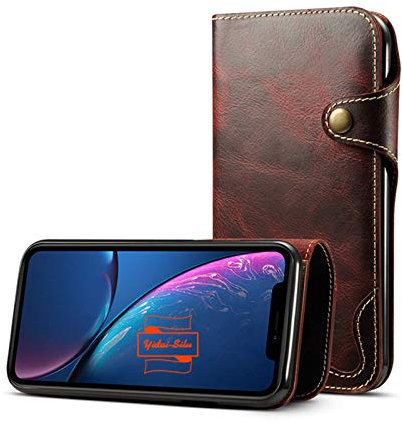 Yidai-Silu iPhone Xr Genuine Cowhide Leather Flip Case 【Magnetic Button, Wristband, Card Holder 】 TPU Bumper Shockproof Wallet Phone Cover for iPhone Xr 6,1 - Wine Red