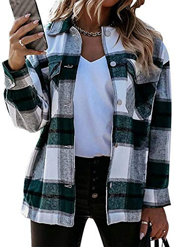 EFOFEI Damen Karo Muster Overshirt mit Plaid Langarm Hemden kariert Herbst Winter Shirt mit Knöpfe Bluse Frühling Oversized Hemdbluse Grün XXS