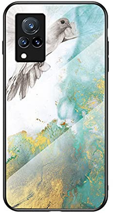 SHIEID Coque Marbre pour Vivo V21 5G Slim Housse de Arrière en Verre Trempé avec TPU Bord étui de Protection pour Vivo V21 5G (Jaune)