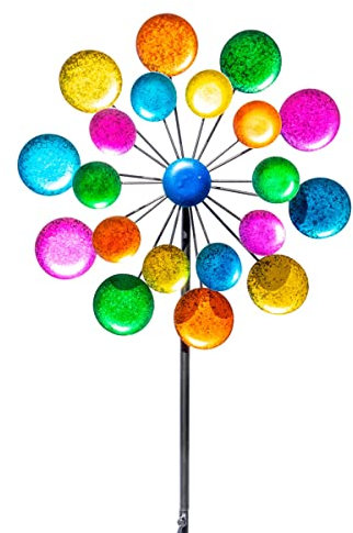 CIM Metall Windrad - Doppelwindrad Galaxy Rainbow – Gesamthöhe: 122cm, Windrad-Durchmesser: 32cm und 21cm – Gartendekoration – inkl. 2-zackiger Bodenverankerung