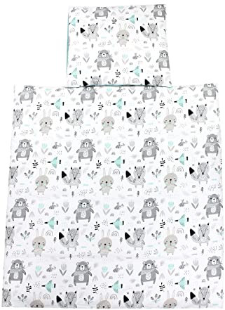 TupTam Unisex Baby Wiegenset 4-teilig Bettwäsche-Set: Bettdecke und Kopfkissen mit Bezug, Farbe: Bären/Füchse/Mint, Größe: 80x80 cm
