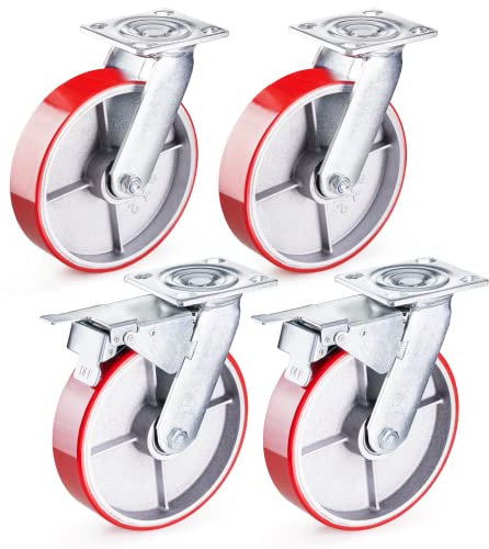 GBL Schwerlastrollen mit 2 Bremsen - 200mm bis zu 1520kg - 4er Set - Geräuscharme Rollen für Möbel - Gummierte Trolley Roller - Rote Transportrollen