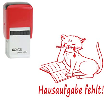 Lehrerstempel Hausaufgabe fehlt - Automatikstempel inkl. Stempelkissen rot - Kinder Motivstempel Katze Stempel - 24 x 24 mm