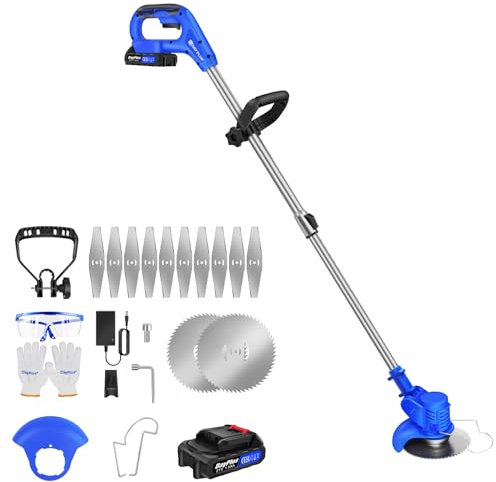 Tondeuse à Gazon sans Fil avec 2 Batterie de 1,5 Ah et Chargeur, 10 x Lame en Métal et 2 x Scies Circulaires, 21V Débroussailleuse Electrique sans Fil pour la Coupe de Jardin Pelouses