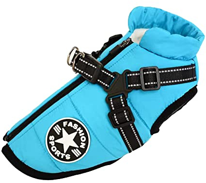 Hundeweste,Hundemantel Wasserdicht,Warme Weste mit Hundegeschirr Winter Warm und weich 9 Farben-Himmelblau L