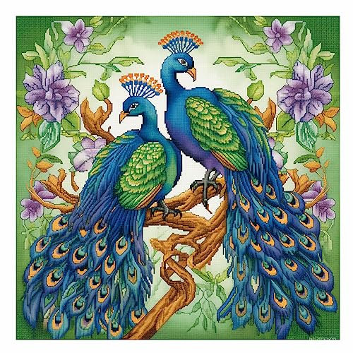 Cukol Pfau Kreuzstich Set Vorgedruckt, Tiere Stickvorlagen Stickbilder Vorgedruckt Kreuzstich Stickpackungen Stickpackung Cross Stitch Embroidery Kit Stickset Sticken Set Erwachsene Anfänger 46x46 cm