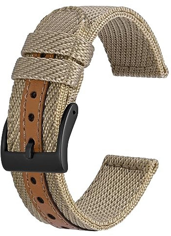 BISONSTRAP Sportliche Nylon Uhrenarmband, Militär Uhrenarmbänder für Herren, 20mm, Khaki mit Schwarze Schnalle