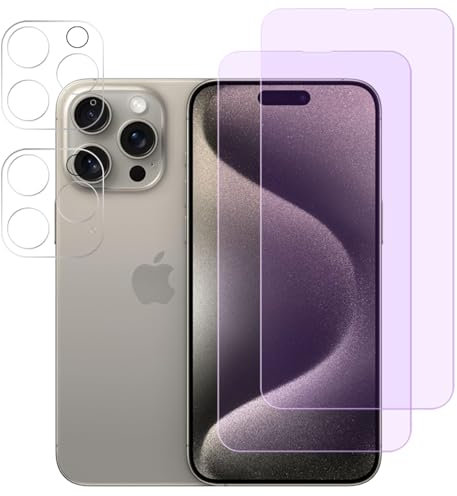 FiiMoo Schutzfolie Kompatibel mit iPhone 15 Pro, Anti Blaulicht Schutzfolie + Kamera Schutzfolie [2+2 Stück] [Augenpflege] [Blasenfreie] [Blockiert übermäßiges Schädliches Blaues Licht & UV]