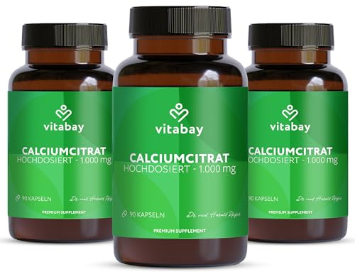 Vitabay Calcium 1000 mg hochdosiert – 270 vegane Kapseln mit Calciumcitrat | Kalzium für Energiestoffwechsel, Knochen & Zähne – Laborgeprüft in Deutschland und ohne Zusatzstoffe – Vorrat für 3 Monat