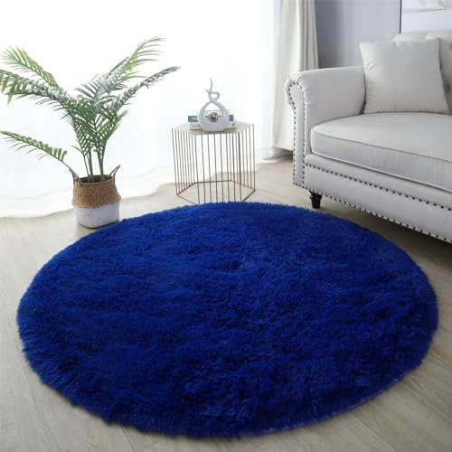 Hiseng Teppich Rund Flauschiger Waschbar, Hochflor Plüsch Weicher Teppich Wohnzimmer Teppich Modern für Wohnzimmer Kinderzimmer Schlafzimmer (80cm,Marineblau)