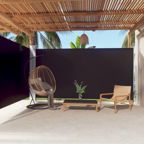AUVYI Garten-Seitenmarkise aus Stoff (100% Polyester) mit PU-Beschichtung 200x600 cm Schwarz Seitenmarkise Terrasse Seitenmarkisen Zum Ausziehen Windschutz Fuer Balkon Sichtschutz für Terasse