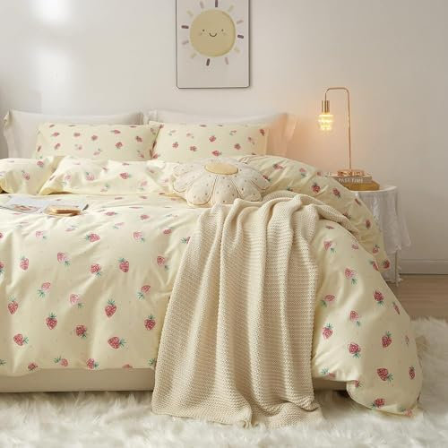 Sedefen Kinder Bettwäsche 135x200 cm Mädchen Creme Beige Erdbeeren Muster Wendebettwäsche Set aus Microfaser Bettbezug und 1 Kissenbezug 80x80cm mit Reißverschluss