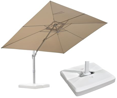 PURPLE LEAF Parasol Déporté 2,7 x 3,5 m Beige Mât Alu Blanc Pied Inclus