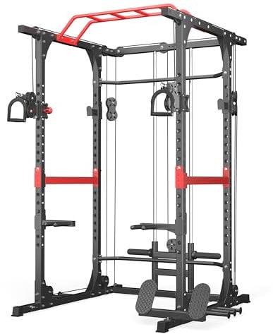 AKYEN Power Cage, 1200lbs Capacity Power Rack with Adjustable Cable Crossover System, Multi-Function Squat Rack with Pulley System, Weight Cage for Home Gym with Training Attachments