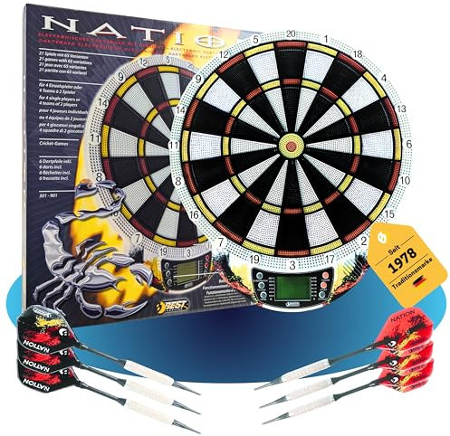 Best Sporting Elektronische Dartscheibe Nation, Windsor oder Bristol – 21 Spiele mit 65 Varianten, kabellos – Set inkl. 6 Pfeile & 8 Ersatzspitzen – Für bis zu 8 Spieler (Nation, 44 x 38,5 x 3)