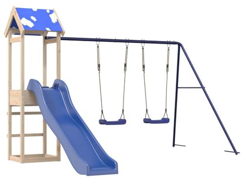 vidaXL Spielturm, Klettergerüst mit Dach Wellenrutsche Schaukeln, Kinder Kletterturm Spiel-Zubehör für Garten, Holz Spielplatz Spielhaus, Massivholz Kiefer