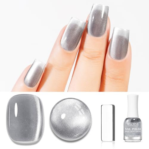 MIZHSE Silber Cat Eye Nagellack mit 1 Magnet TPO HEMA Frei Silver Holografisch Glitzer Katzenauge Nagellack, Reflektierend Magnetisch Schnelltrocknend Oil Based Nail Polish Ohne UV Lampe 15ML