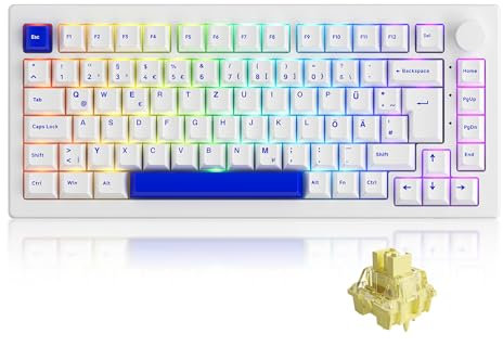 Akko 5075B Plus Mechanische Gaming-Tastatur, 3-Mode 75% DE Layout Wireless Gaming-Tastatur mit Hot-Swappable Linear Switch, Dichtung, Cherry PBT-Tasten, Drehknopf für Win/Mac (Blau auf Weiß)