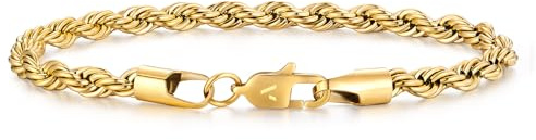 VEXXS Armband Herren 5mm Kordelkette Armband,Rope Chain Armband 18 Karat Vergoldet Armbänder für Herren,Armkette Herren Panzerarmband,Schmuck Geschenk