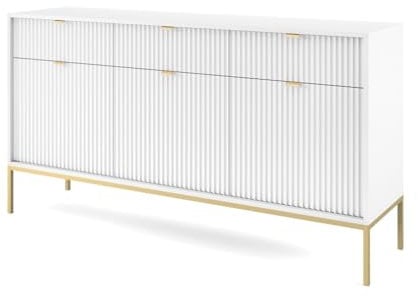 Emporius Sideboard mit Schubladen Galla - Dreitürige Sideboard 150 cm, Wohnzimmer - Gold Griffen, geriffelten Fronten - Weiß + Gold