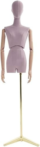 SUNMME Weiblicher Halbkörper-Schneiderpuppen-Torso, verstellbar, mit Metallhalterung, Goldener Samtbezug/Holzarm, rosa Stativ (Stativ)