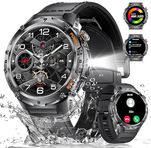 LIGE Montre Connectée Homme avec 530mAh/Torche LED,1.43 AMOLED Montre Connecté Militaire avec Moniteur Fréquence Cardiaque Podomètre Fitness Tracker,IP68 Étanche Smartwatch iOS Android