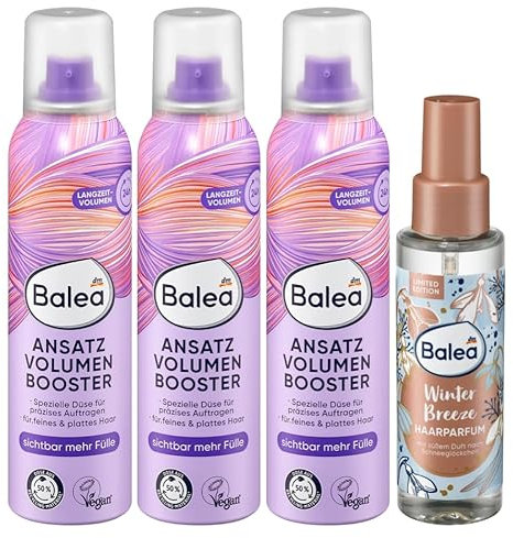 Balea 4er-Set Haarpflege: ANSATZVOLUMEN BOOSTER durch Föhnen mehr Fülle für feines & plattes Haar (3 x 150 ml) + HAARPARFUM WINTER BREEZE natürlicher Glanz & Duft nach Schneeglöckchen (100 ml), 550 ml