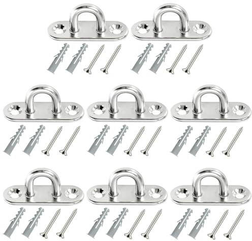 BORISCA 8 Pcs Stainless Steel Oblong Pad Eye Plate with 2 Hoods, M5 U Hooks with 16 Screws+Expansion Pipes, Eye Plate with Eyelet M5 for Hanging Wall Ceiling Marine Hardware Accessories