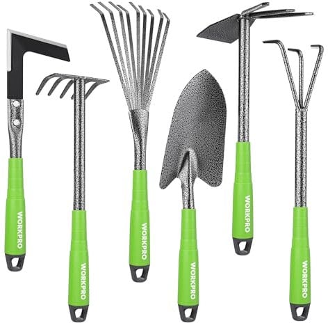 WORKPRO Set di 6 attrezzi da giardino con zappa a doppia estremità, artiglio a tre punte, rastrello a cinque denti, rastrello per foglie a nove denti, pala per terreno e gancio per erba, perfetto per