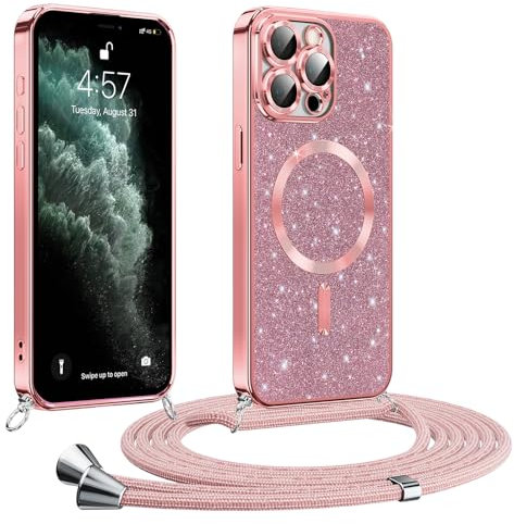 Phoona handyband Hülle für iPhone 11 Pro Max mit Band, Glitzer Handyhülle Kompatibel mit MagSafe, Ganzkörperschutz Kratzfeste Stossfest Schutzhülle mit Einstellbar Kette, Rosa