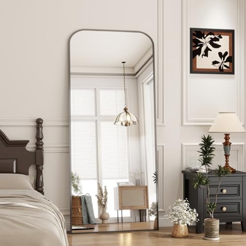 Koonmi Top Gebogene Ecken Standspiegel 76x171 cm, Ganzkörperspiegel bruchsicher Boden Körper Spiegel in voller Länge Modern Wundervoll für Wohnzimmer Schlafzimmer Flur, Schwarz